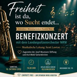 Plakat "Freiheit beginnt da, wo Sucht endet" - Benefizkonzert am 10.10.2026 in Gelsenkirchen